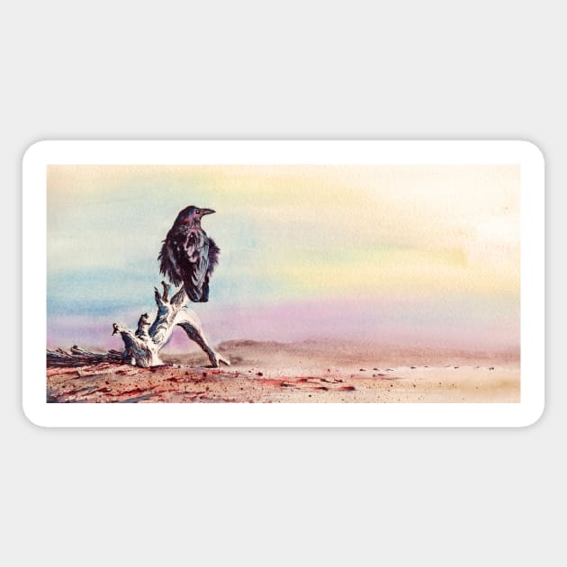 The Drifter - Raven on Driftwood on beach Sticker by Mightyfineart